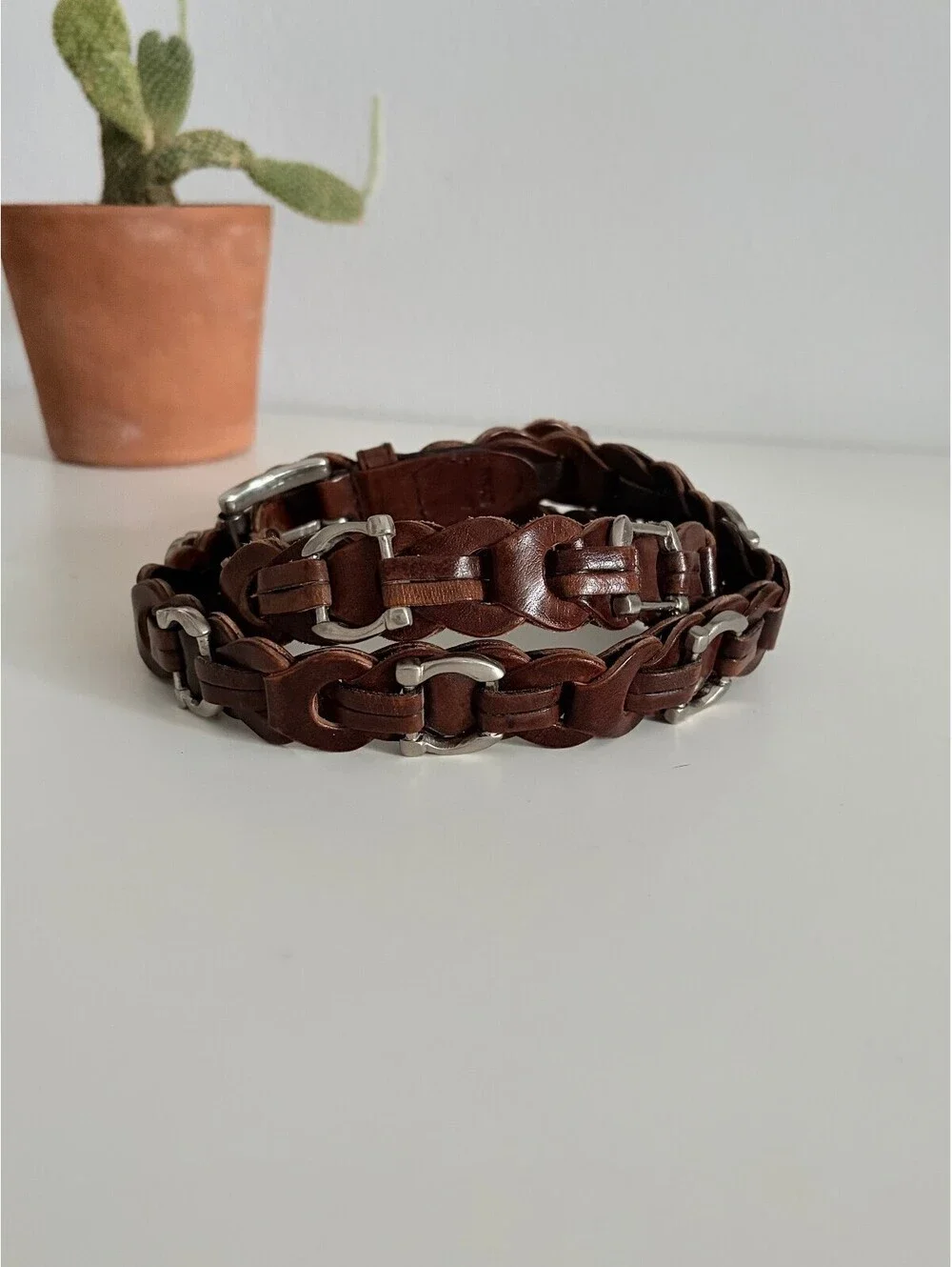 Brown Leather Belt Western Horseshoe Silver Details